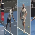 Collage de quatre joueurs de tennis qui ont gagné sur le court central : Mikhail Kukushkin, Nikoloz Basilashvili, Adrian Mannarino et James Duckworth.
