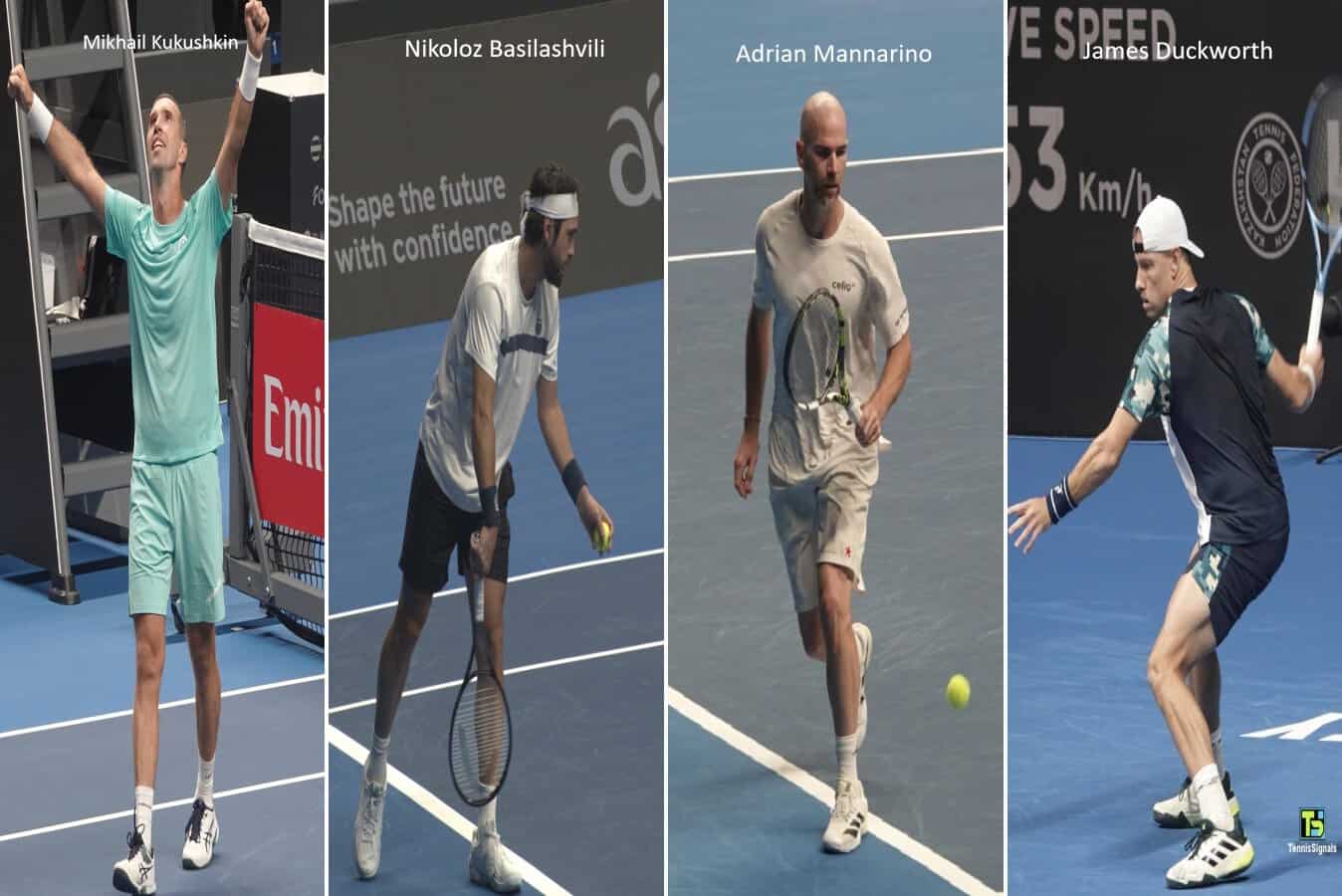 Collage de cuatro tenistas que ganaron en la pista central: Mikhail Kukushkin, Nikoloz Basilashvili, Adrian Mannarino y James Duckworth.