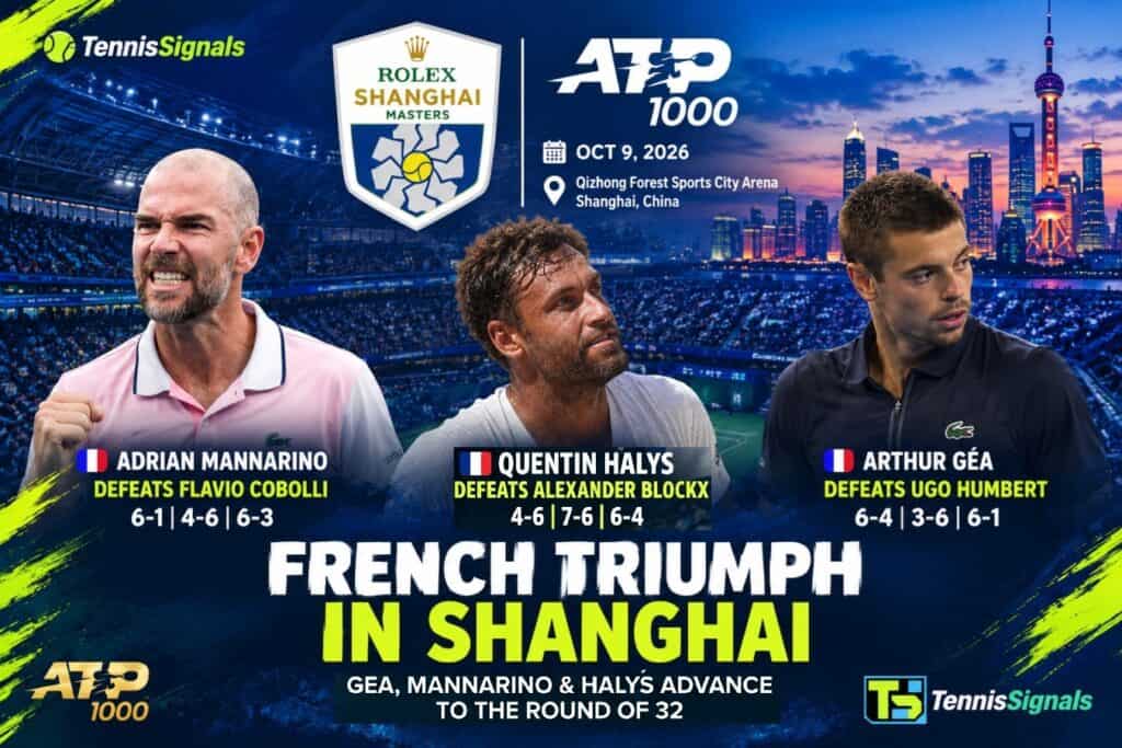 Graphique c&eacute;l&eacute;brant le triomphe fran&ccedil;ais &agrave; l'ATP Shanghai 2026 avec Arthur Gea, Adrian Mannarino et Quentin Halys qualifi&eacute;s pour le 3e tour.