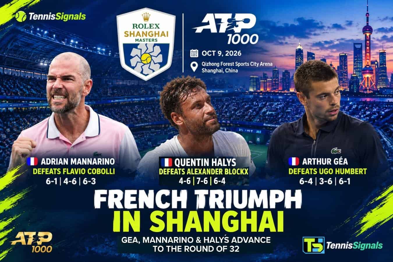 Graphique c&eacute;l&eacute;brant le triomphe fran&ccedil;ais &agrave; l'ATP Shanghai 2026 avec Arthur Gea, Adrian Mannarino et Quentin Halys qualifi&eacute;s pour le 3e tour.