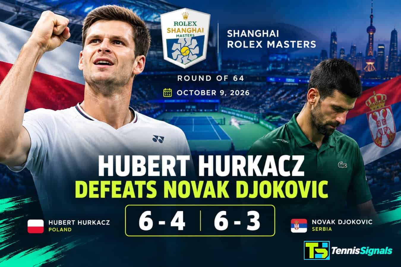 Hubert Hurkacz celebrating his first career victory over Novak Djokovic (6-4, 6-3) at the 2026 Shanghai Rolex Masters.