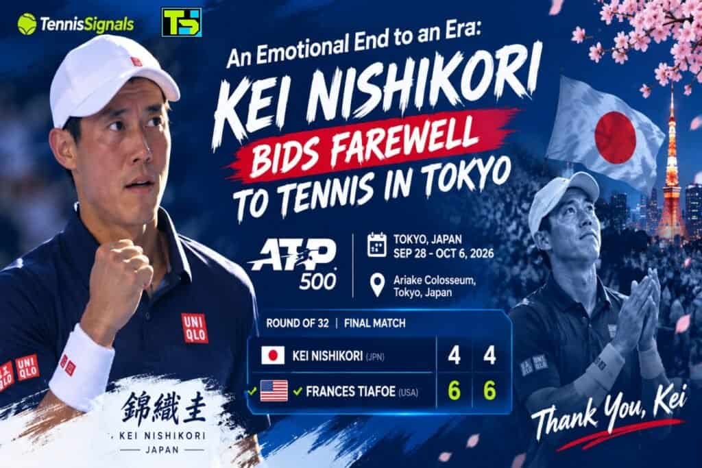 Graphique promotionnel pour le dernier match de la carri&egrave;re de Kei Nishikori &agrave; l'ATP Japan Open 2026, montrant sa d&eacute;faite 4-6, 4-6 contre Frances Tiafoe.