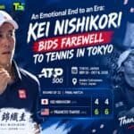 Gráfico promocional del último partido en la carrera de Kei Nishikori en el ATP Japan Open 2026, mostrando su derrota por 4-6, 4-6 ante Frances Tiafoe.