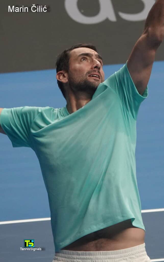 Marin Cilic in action against Nikoloz Basilashvili at the Almaty Open 2026