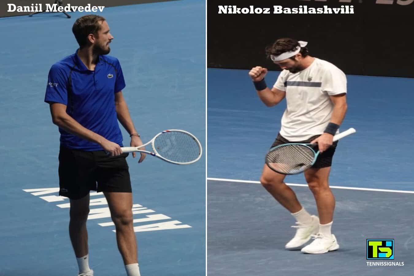 Photo collage of Daniil Medvedev and Nikoloz Basilashvili on the tennis court after their semifinal victories at the ATP Almaty tournament.