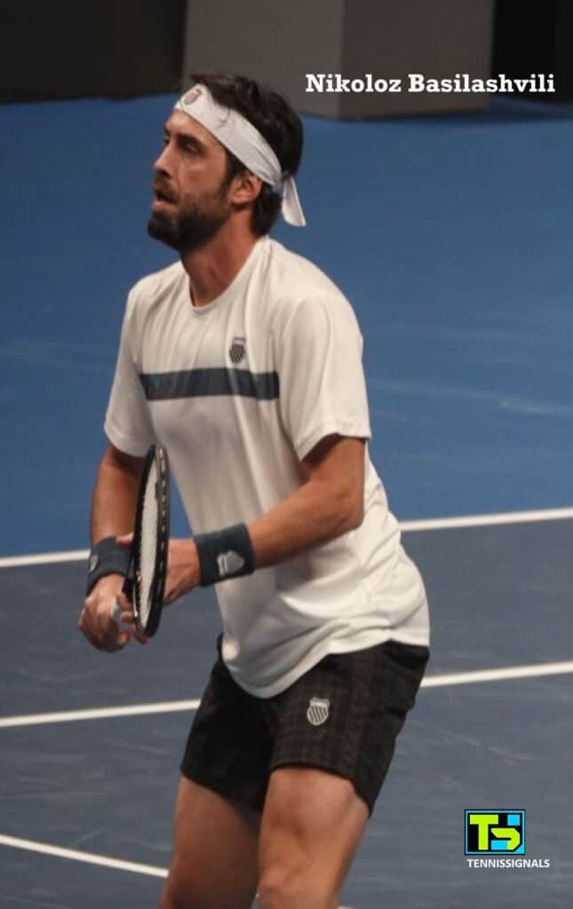 Nikoloz Basilashvili in a ready stance with his racket in hands during the final match at the ATP Almaty tournament.