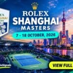 Graphique officiel du Rolex Shanghai Masters 2026 montrant l'horizon de Shanghai, le court de tennis de la Qizhong Arena et les dates du tournoi.