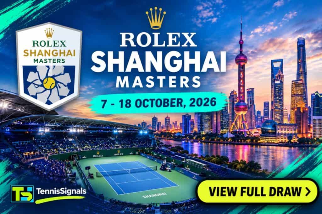 Gráfico oficial del Rolex Shanghai Masters 2026 que muestra el horizonte de Shanghái, la pista de tenis del Qizhong Arena y las fechas del torneo.