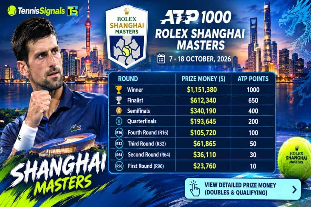 Zvanična tabela nagradnog fonda i raspodele ATP poena za Rolex Shanghai Masters 2026 sa Novakom Đokovićem.